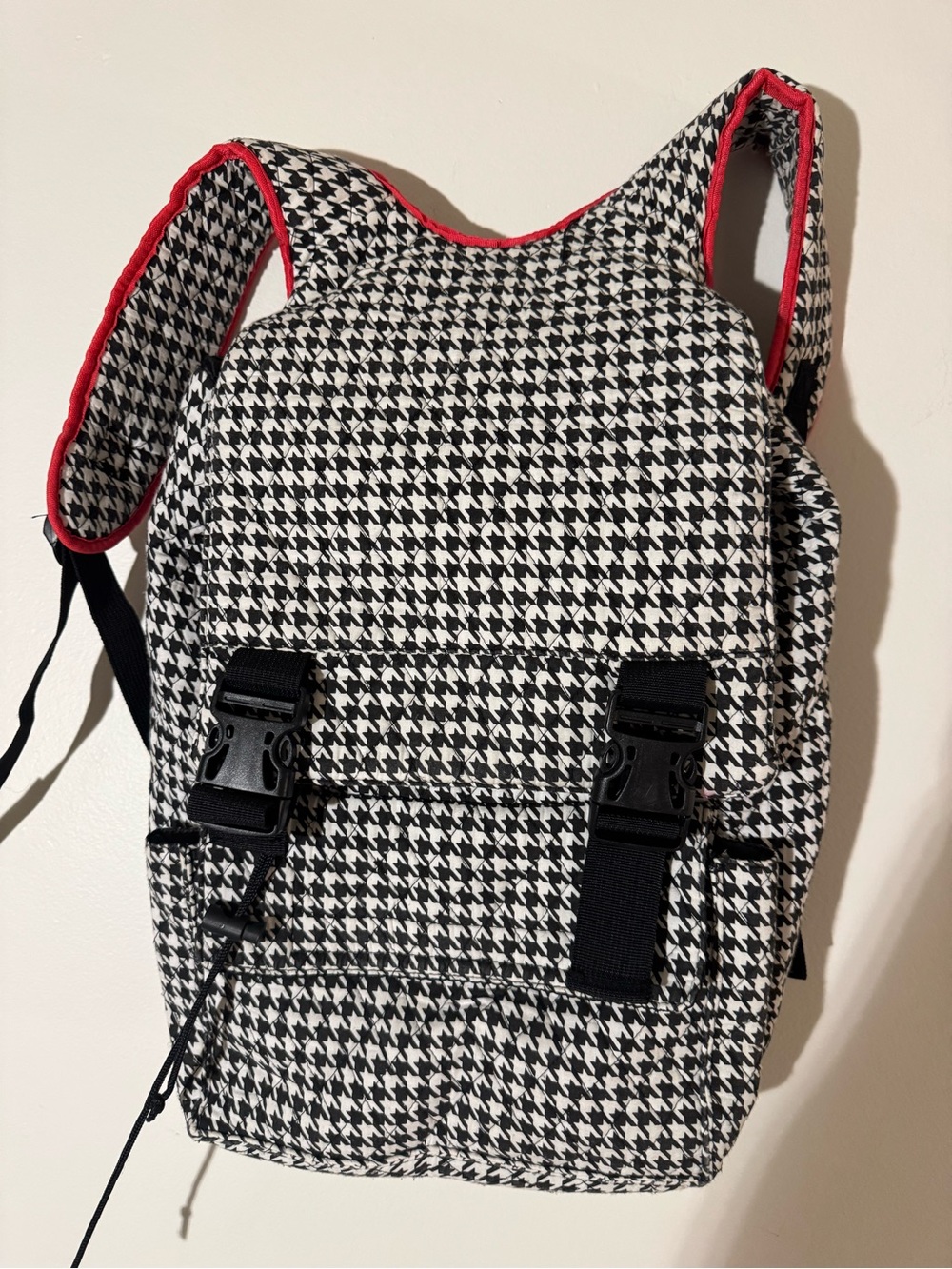 Houndstooth Print Backpack Diaper Bag with Red Trim